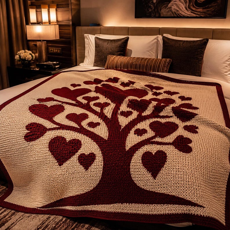 May include: A cream-colored knitted blanket with a burgundy tree design featuring heart-shaped leaves and a burgundy border. The blanket is displayed on a bed with pillows and a lamp in the background. The blanket measures approximately 70 inches by 80 inches.