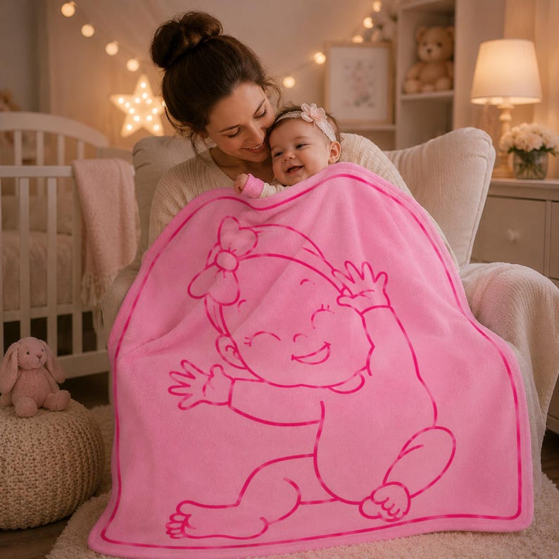 Pu&ograve; includere: Una coperta rosa per bambini con un disegno di un bambino sorridente. La coperta &egrave; avvolta attorno a un bambino e una donna. Il bambino indossa una fascia floreale. La stanza &egrave; illuminata da una luce soffusa.
