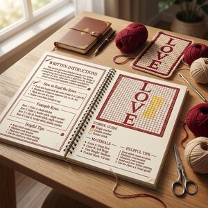 May include: An open spiral-bound notebook with crochet instructions and a "LOVE" pattern, surrounded by yarn, crochet hooks, and a leather-bound journal. The notebook details how to read rows and helpful tips for crocheting.