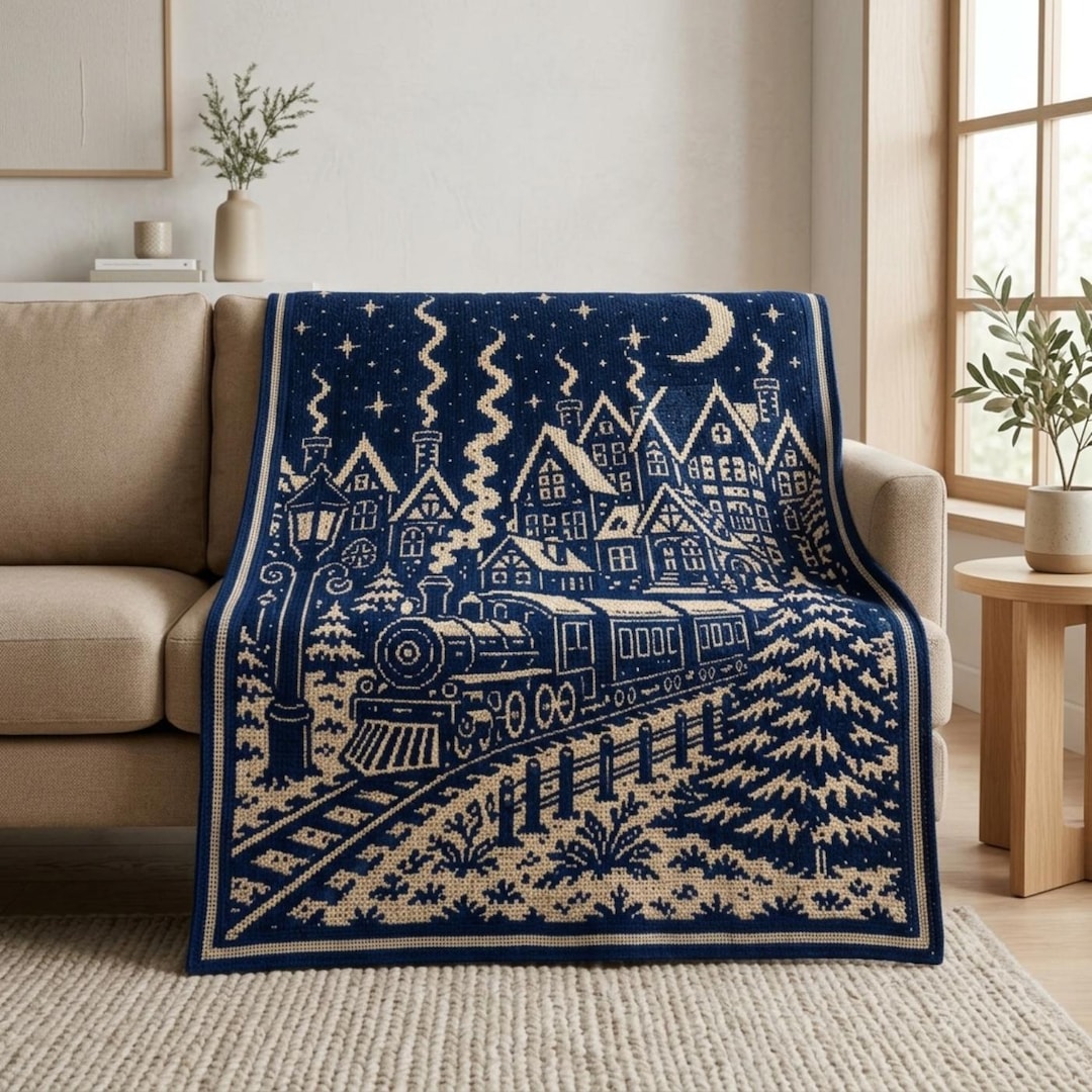 Winter Midnight Express train overlay mosaic crochet blanket pattern with holiday village