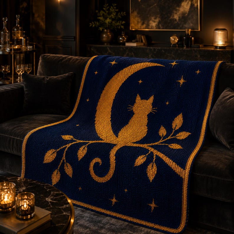 May include: A navy blue throw blanket featuring a gold cat silhouette perched on a crescent moon and branch, surrounded by stars. The blanket has a gold border and is draped over a dark gray sofa, creating a cozy and celestial theme.