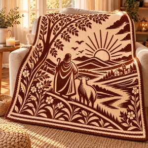 May include: A cream and dark brown knit throw blanket featuring a pastoral scene with a shepherd and sheep, a large tree, a rising sun over rolling hills, and a small village. The border is decorated with a repeating floral pattern.