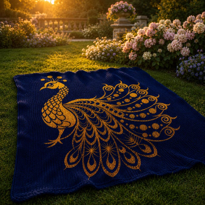 May include: A navy blue knitted blanket with a gold peacock design. The peacock is depicted with intricate detailing on its feathers and body. The blanket is spread out on a grassy lawn, suggesting outdoor use.
