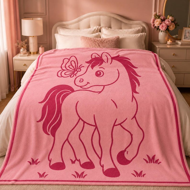 May include: A pink blanket with a cartoon horse and butterfly design. The horse is a darker shade of pink, with a flowing mane and tail. The blanket has a border and is spread over a bed.