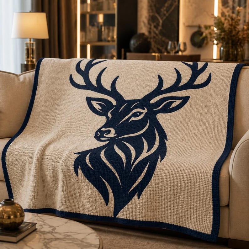 May include: A beige throw blanket with a navy blue deer head design. The blanket has a navy blue border and is draped over a beige sofa. The deer head is a detailed silhouette, adding a touch of nature-inspired decor.