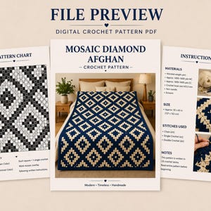 May include: Digital crochet pattern PDF for a "Mosaic Diamond Afghan." The image displays a finished blue and cream diamond-patterned blanket, with instructions and a pattern chart. The blanket measures approximately 127 x 152 cm.