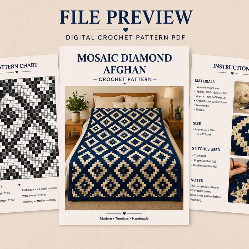 May include: Digital crochet pattern PDF for a "Mosaic Diamond Afghan." The image displays a finished blue and cream diamond-patterned blanket, with instructions and a pattern chart. The blanket measures approximately 127 x 152 cm.