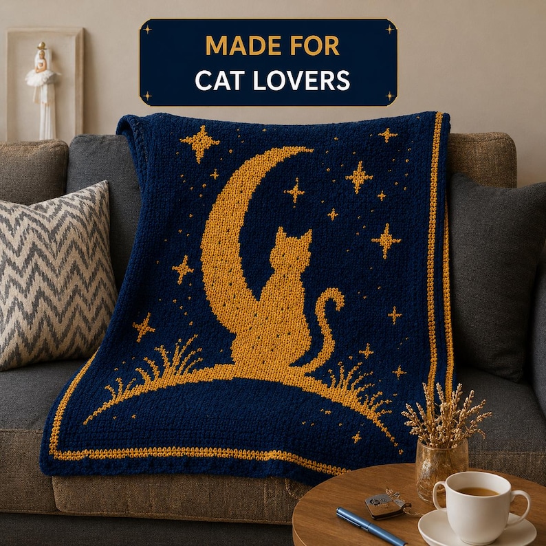 May include: A navy blue throw blanket with a gold cat silhouette on a crescent moon, surrounded by stars and grass. The blanket is draped over a sofa. The text "MADE FOR CAT LOVERS" is at the top.