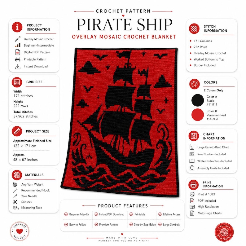 May include: A digital crochet pattern for an overlay mosaic blanket titled Pirate Ship. The design features a black sailing ship on a vermilion red background with waves, clouds, and birds. Includes project details, grid size, and color codes.