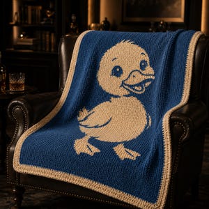 May include: A blue knitted blanket with a large, smiling duck design in cream. The blanket has a cream-colored border and is draped over a brown leather armchair. The duckling has a friendly expression.