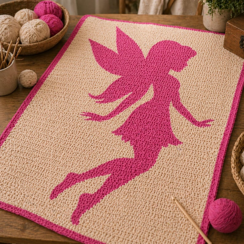 May include: A handmade crochet blanket featuring a pink fairy silhouette on a cream-colored background. The blanket has a pink border and is surrounded by yarn and crochet hooks. The blanket is approximately 30 inches by 40 inches.