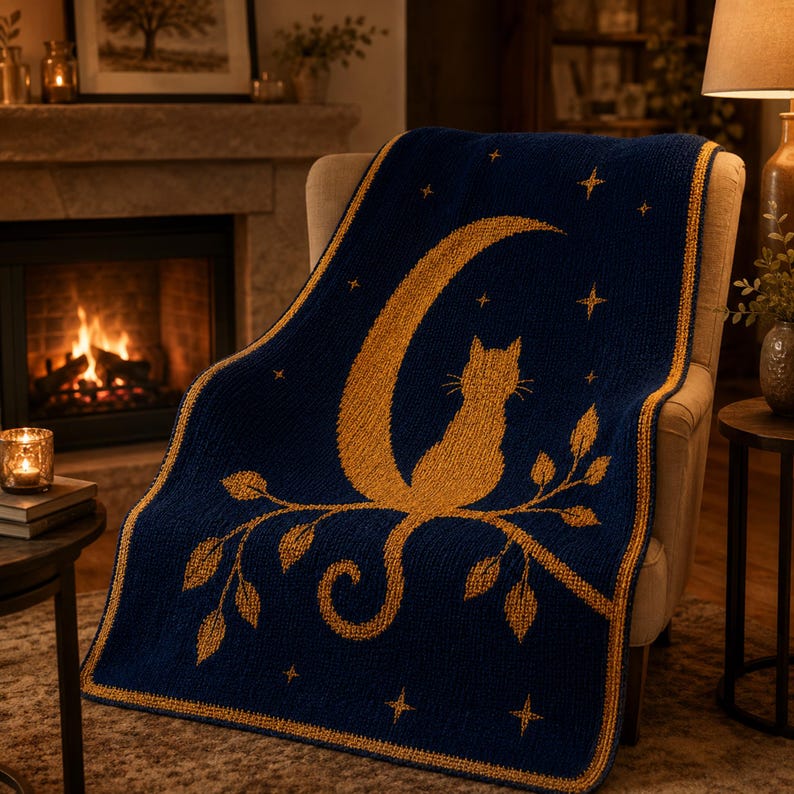 May include: A navy blue knitted throw blanket featuring a gold cat silhouette perched on a crescent moon and branch. The blanket has gold stars and a gold border. The blanket is draped over a beige armchair.