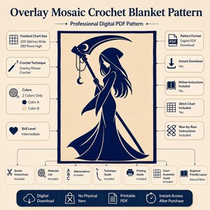 May include: Overlay Mosaic Crochet Blanket Pattern digital PDF featuring a dark blue silhouette of a hooded figure holding a scythe with a crescent moon charm. The design includes 200 stitches wide by 280 rows high, intermediate skill level, and two colours.