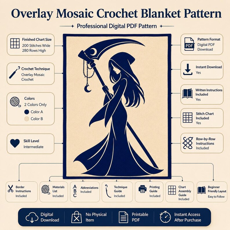 May include: Overlay Mosaic Crochet Blanket Pattern digital PDF featuring a dark blue silhouette of a hooded figure holding a scythe with a crescent moon charm. The design includes 200 stitches wide by 280 rows high, intermediate skill level, and two colours.