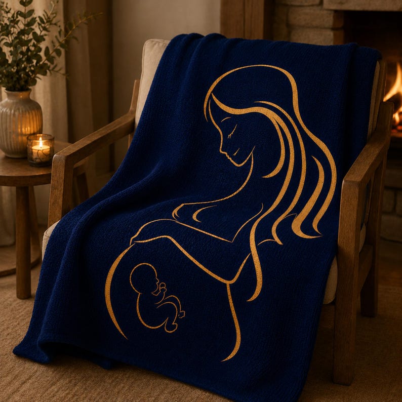 May include: A navy blue throw blanket with a gold outline of a pregnant person and a baby. The blanket is draped over a wooden chair. The blanket is made of a soft material and is a cozy home decor item.