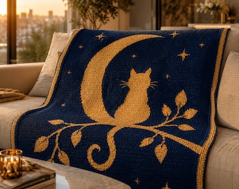 Moonlight Cat Mosaic Crochet Pattern, Overlay Mosaic Crochet Blanket PDF, Celestial Cat Decor, Crochet Chart, Gift for Cat Lovers, Digital