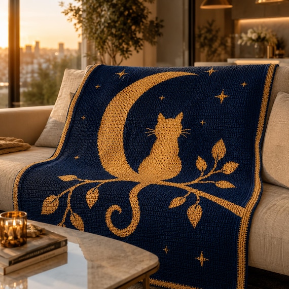 Moonlight Cat Mosaic Crochet Pattern, Overlay Mosaic Crochet Blanket PDF, Celestial Cat Decor, Crochet Chart, Gift for Cat Lovers, Digital