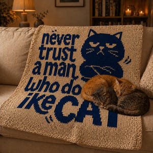 May include: Beige knitted throw blanket with the text "Never trust a man who doesn't like cats" and a navy blue cat graphic. Two cats are curled up on the blanket. The blanket is on a beige sofa.