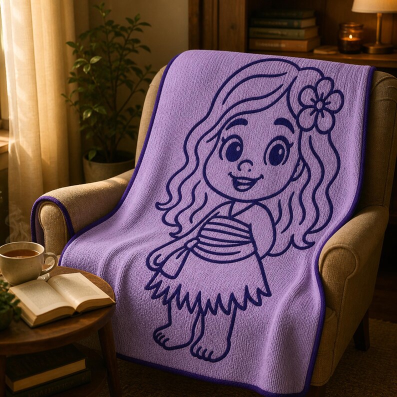 May include: A lavender throw blanket featuring a cartoon girl design in dark purple. The blanket is draped over a beige armchair. A cup of tea and an open book sit on a small wooden table nearby.