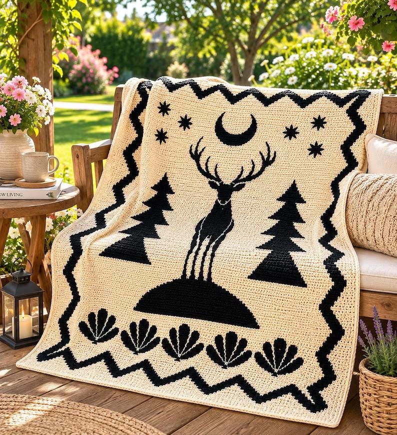 4 Mosaic Crochet Blanket Patterns Bundle PDF - Forest Deer, Mountain Cabin, Moon Deer, Christmas Night preview 3