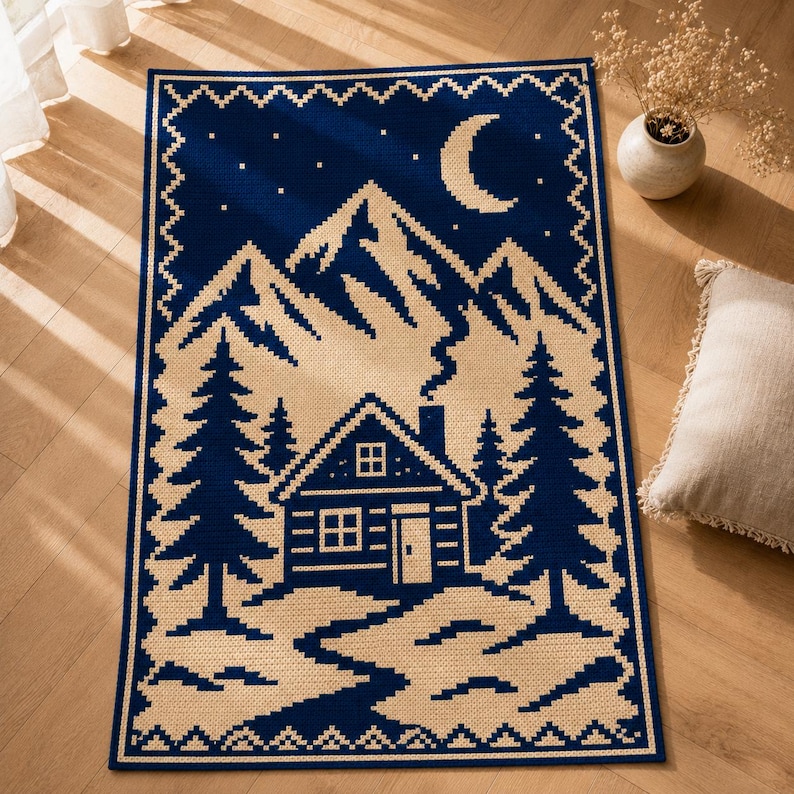May include: A rectangular woven rug featuring a dark blue and cream pixelated landscape design. The scene depicts a cabin with smoke rising from the chimney, surrounded by pine trees, snow-covered ground, and mountains under a crescent moon.