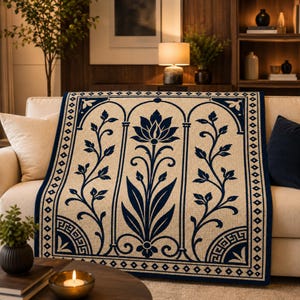 May include: A beige throw blanket with a navy blue floral design draped over a cream-coloured sofa. The blanket features a central lotus flower motif and stylized botanical elements within arched frames. The border has a geometric pattern.