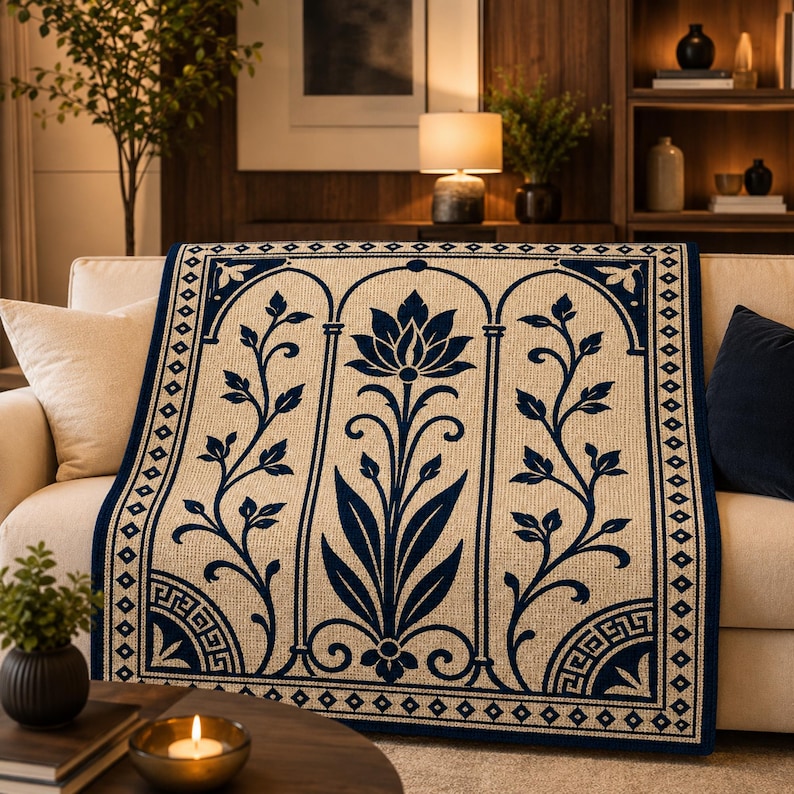 May include: A beige throw blanket with a navy blue floral design draped over a cream-coloured sofa. The blanket features a central lotus flower motif and stylized botanical elements within arched frames. The border has a geometric pattern.