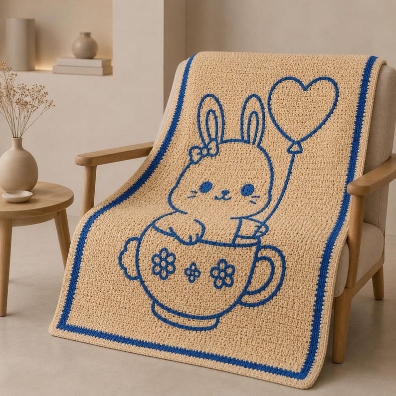 May include: A beige crochet blanket with a blue border and a blue cartoon bunny design. The bunny is in a teacup and holding a heart-shaped balloon. The blanket is draped over a wooden chair.