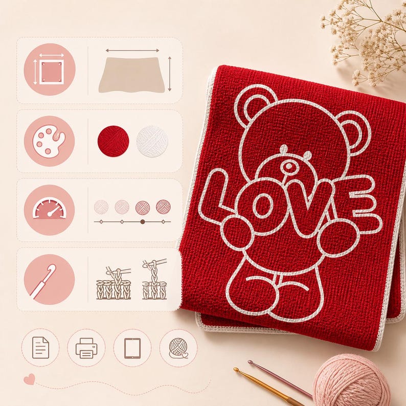 May include: A red crocheted towel with a white teddy bear design and the word "LOVE". The towel has a white border and is folded. Crochet hooks and a ball of yarn are visible.