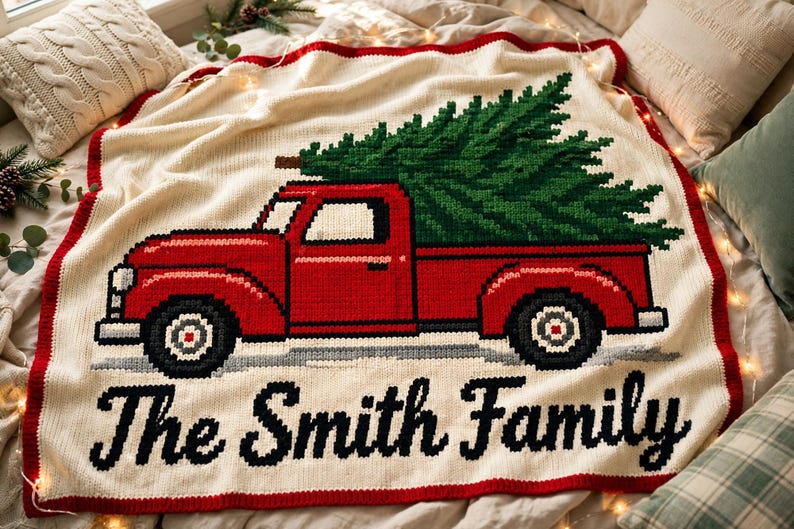 Individuelle Häkelanleitung für eine Weihnachtstruck-Decke (PDF), personalisiertes Mosaikdesign mit Familiennamen Bild 2