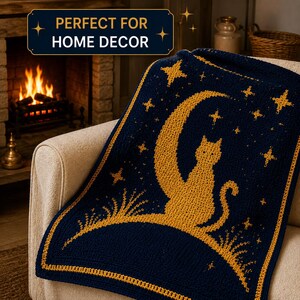 May include: A navy blue and gold crocheted blanket featuring a cat silhouette sitting on a crescent moon, surrounded by stars. The blanket is draped over a beige armchair. The text "PERFECT FOR HOME DECOR" is in the top left corner.