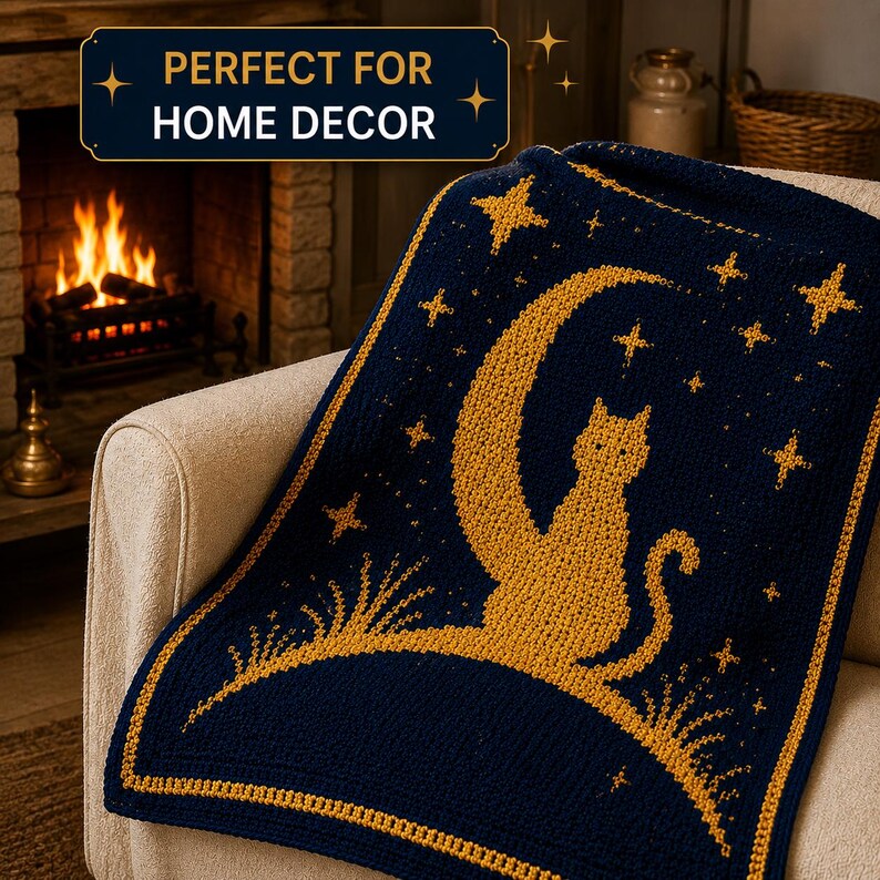 May include: A navy blue and gold crocheted blanket featuring a cat silhouette sitting on a crescent moon, surrounded by stars. The blanket is draped over a beige armchair. The text "PERFECT FOR HOME DECOR" is in the top left corner.