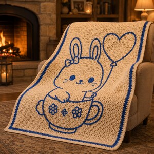 May include: A cream-colored crochet blanket featuring a blue bunny holding a heart-shaped balloon. The bunny is sitting in a teacup with flower details. The blanket has a blue border and is draped over a chair.
