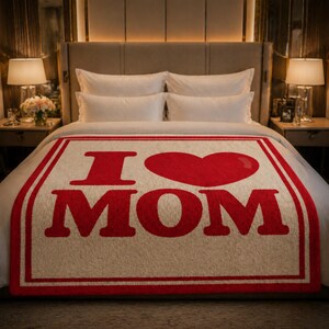 May include: A rectangular beige blanket with the words "I ❤️ MOM" in bold red letters. The blanket has a red border and is placed on a white bed. The room has lamps and nightstands on either side of the bed.