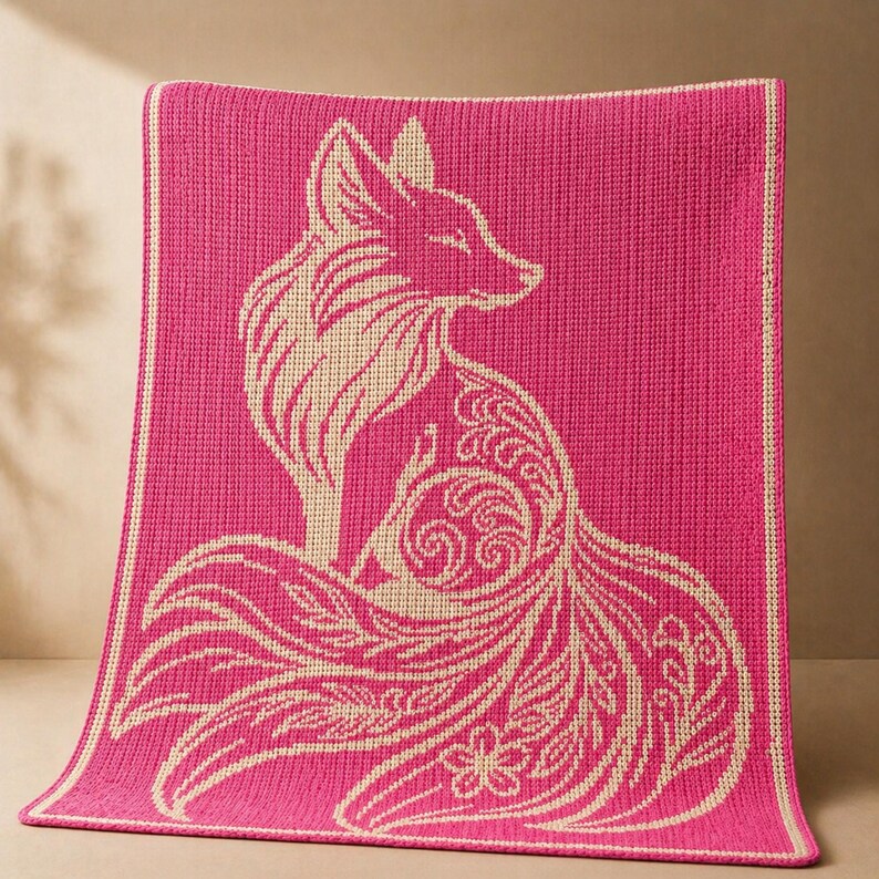 May include: A hot pink knitted blanket featuring a cream-colored fox design. The fox is depicted in a stylized, decorative manner with intricate floral and swirl patterns. The blanket has a cream-colored border.