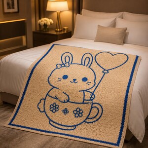 May include: Tan rectangular rug with a blue border and a cartoon bunny design. The bunny is in a teacup and holding a heart-shaped balloon. The rug is on a bed with white sheets and pillows.