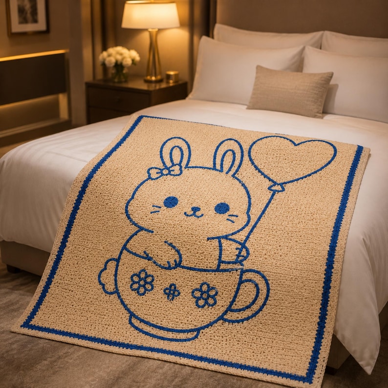 May include: Tan rectangular rug with a blue border and a cartoon bunny design. The bunny is in a teacup and holding a heart-shaped balloon. The rug is on a bed with white sheets and pillows.