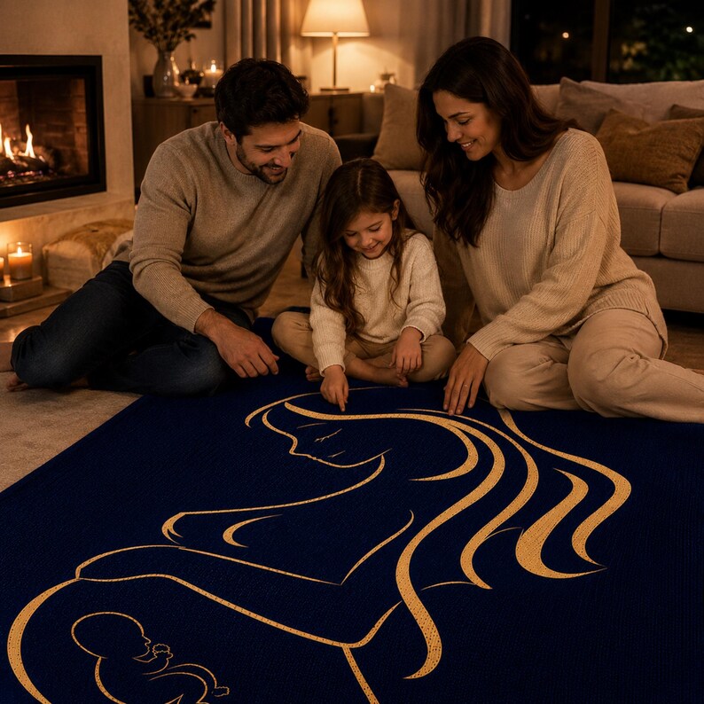 May include: A navy blue rug with a gold outline depicting a pregnant person and a foetus. The rug is on the floor in front of a fireplace. A family of three are gathered around the rug.