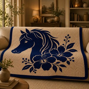 May include: A beige throw blanket with a navy blue horse head and floral design. The blanket has a navy blue border and is draped over a beige sofa. The horse and floral design is centered on the blanket.