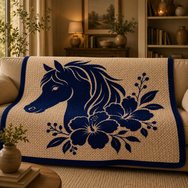 May include: A beige throw blanket with a navy blue horse head and floral design. The blanket has a navy blue border and is draped over a beige sofa. The horse and floral design is centered on the blanket.