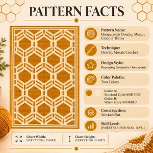 May include: A crochet pattern information sheet titled PATTERN FACTS featuring a mustard gold and warm ivory honeycomb geometric design. The text lists details including Pattern Name: Honeycomb Overlay Mosaic Crochet Throw, Technique: Overlay Mosaic Crochet, Design Style: Repeating Geometric Honeycomb, Color Palette: Two Colors, Color A: Mustard Gold #BD7102, Color B: Warm Ivory #FDE8C7, Construction: Worked Flat, and Skill Level.