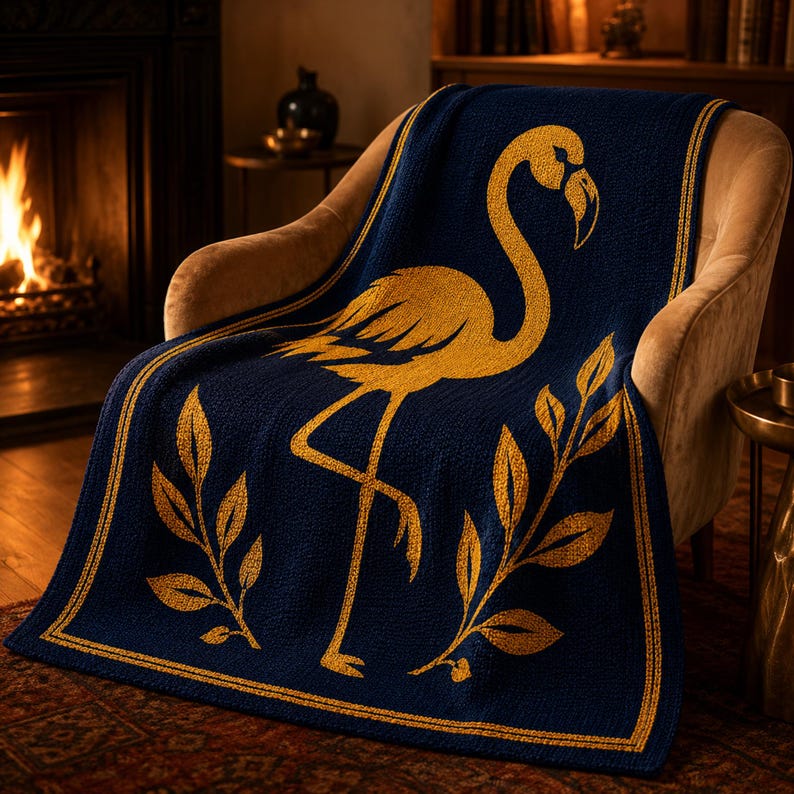 Peut inclure: Une couverture bleu marine orn&eacute;e d'un flamant rose dor&eacute;, drap&eacute;e sur un fauteuil. La couverture pr&eacute;sente une bordure dor&eacute;e et des motifs de feuilles dor&eacute;es. Le fauteuil est de couleur beige clair, avec une chemin&eacute;e en arri&egrave;re-plan.