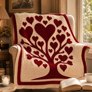 May include: A cream-colored throw blanket with a red heart tree design draped over a chair. The blanket features a border and the tree design in a deep red color. The tree has a trunk and branches with heart-shaped leaves.