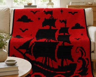 Pirate Ship Overlay Mosaic Crochet Pattern PDF, Nautical Blanket Chart, Sailing Ship Afghan Pattern, Crochet Gift, Instant Download