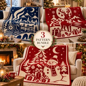 Christmas Crochet Blanket Pattern Bundle, 3 Overlay Mosaic PDFs, Snowman Reindeer Steam Train, Holiday Afghan, Instant Download image 1
