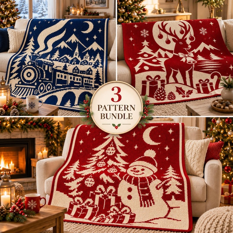 Christmas Crochet Blanket Pattern Bundle, 3 Overlay Mosaic PDFs, Snowman Reindeer Steam Train, Holiday Afghan, Instant Download image 1