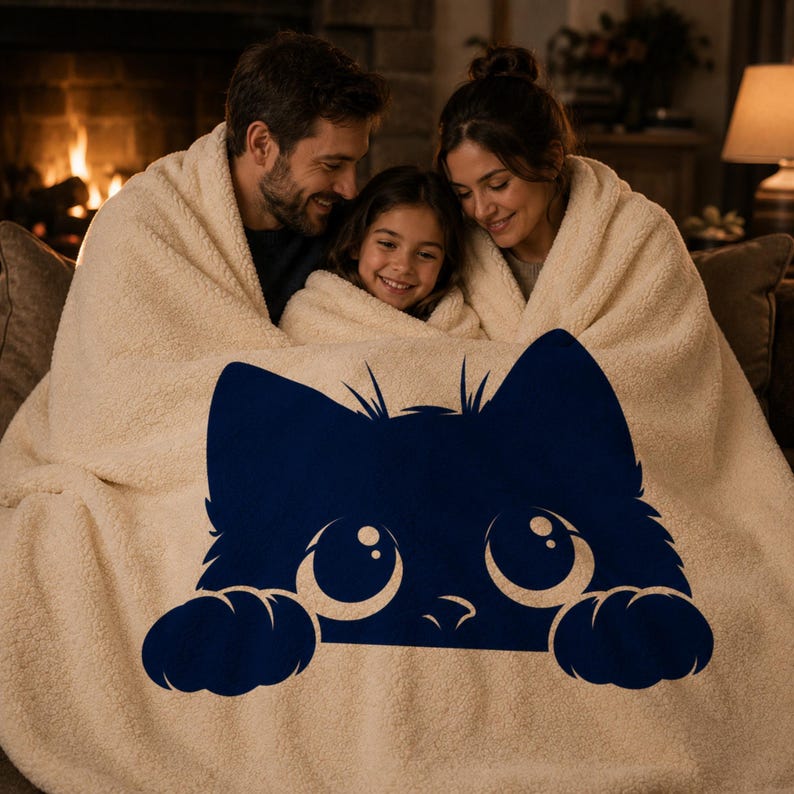 May include: A cream-colored sherpa blanket featuring a navy blue cat face design. The blanket is wrapped around a family of three, creating a cozy and warm scene. The cat design has large eyes and paws.