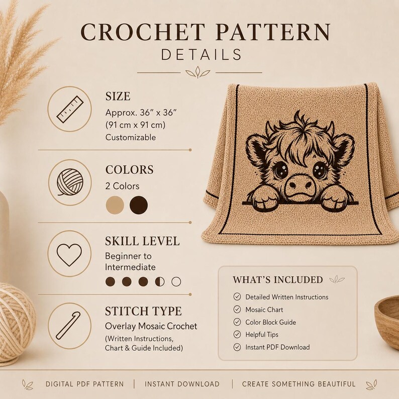May include: A crochet pattern for a blanket featuring a Highland cow design. The tan blanket, with a black border, measures approximately 91 x 91 cm and is customizable. The pattern includes written instructions, a mosaic chart, and a color block guide.