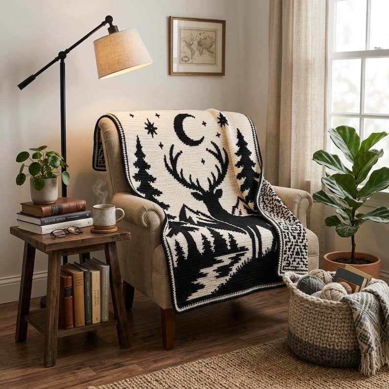 Peut inclure: Un plaid en tricot cr&egrave;me et noir orn&eacute; d'un motif graphique repr&eacute;sentant une silhouette de cerf, des sapins, des montagnes, un croissant de lune et des &eacute;toiles. Le plaid est pos&eacute; sur un fauteuil beige dans une pi&egrave;ce avec une lampe et des livres.
