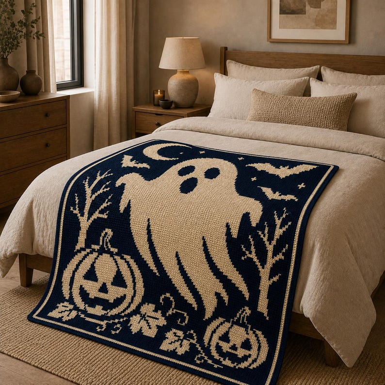 May include: A rectangular woven throw blanket featuring a dark navy blue background with a cream-colored pattern. The design displays a large central ghost, two jack-o'-lantern pumpkins, bare trees, flying bats, and a crescent moon.